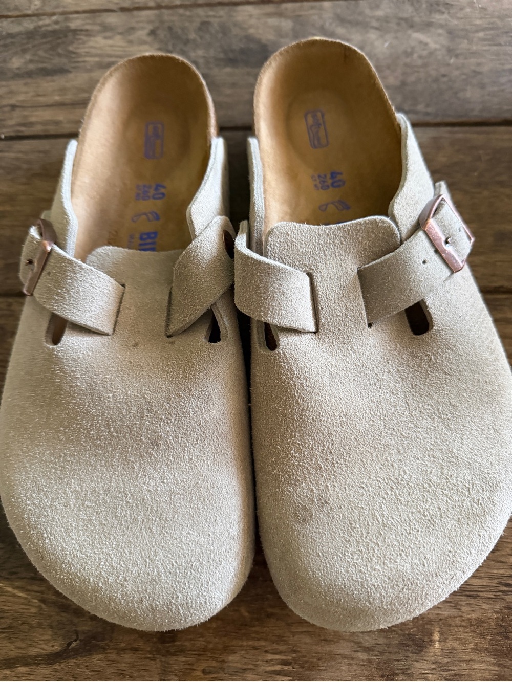 Woman’s Birkenstock Suede Clog Mules in Light Taupe